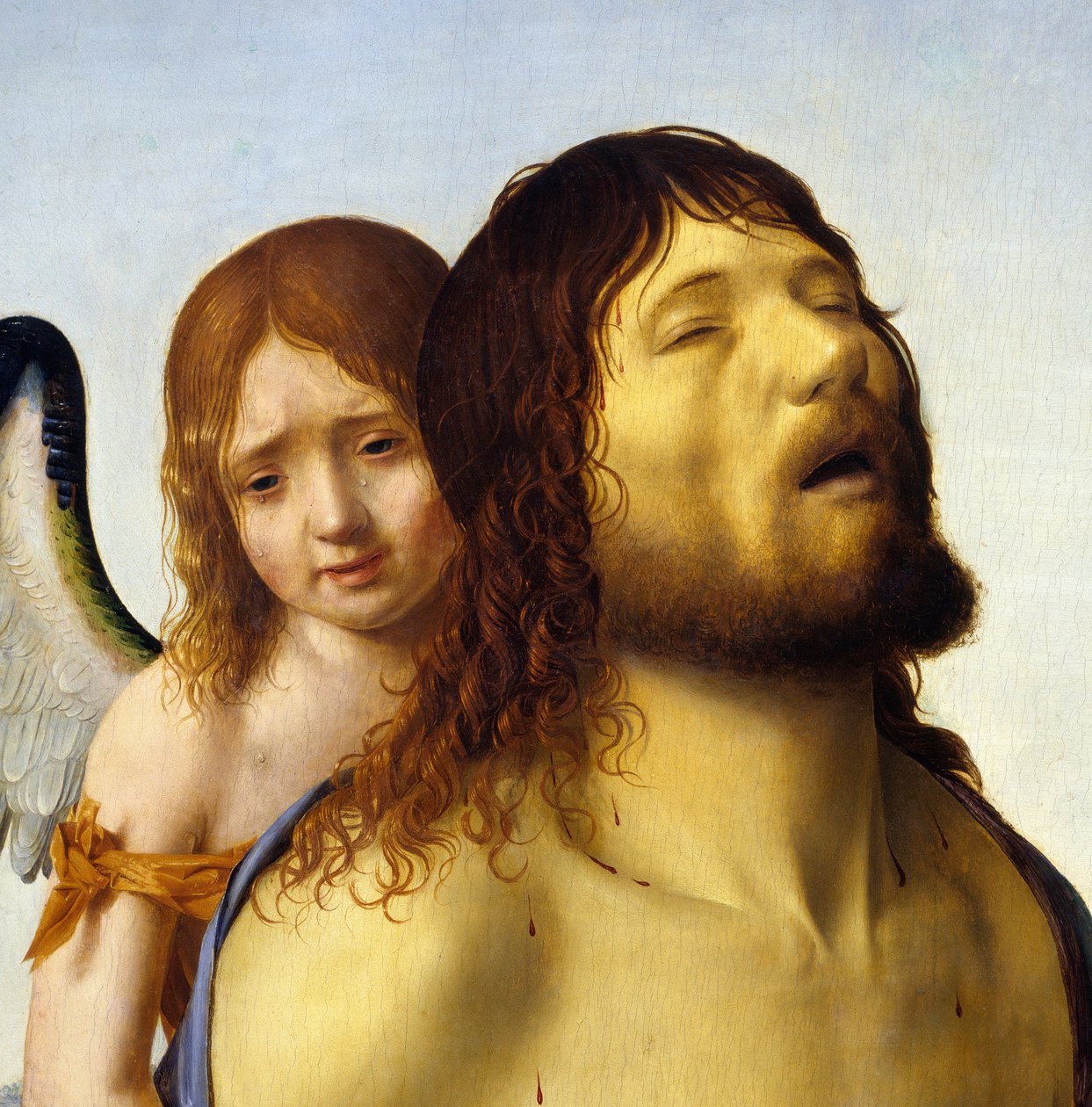 Detalj av "" Den døde Kristus støttet av en engel"" Maleri av Antonello da Messina (1430-1479) 1476-1479 Søn. 0,74x0,51 m Madrid, Pradomuseet. av Antonello da Messina