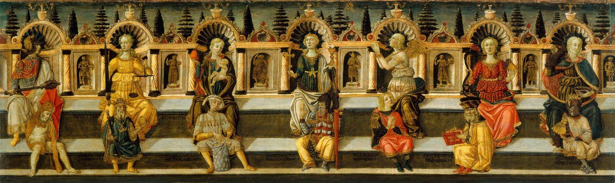 De syv dyder - Verk av Antonfrancesco (Anton Francesco) Guidi, kalt Scheggia (1441-1476), tempera på tre (49,8x159,3 cm), ca. 1467-1469 - De syv dyder, Tempera på panel av Antonfrancesco (Anton Francesco) Guidi kalt Scheggia, ca 1467-1469 - M av Antonfrancesco dello Scheggia