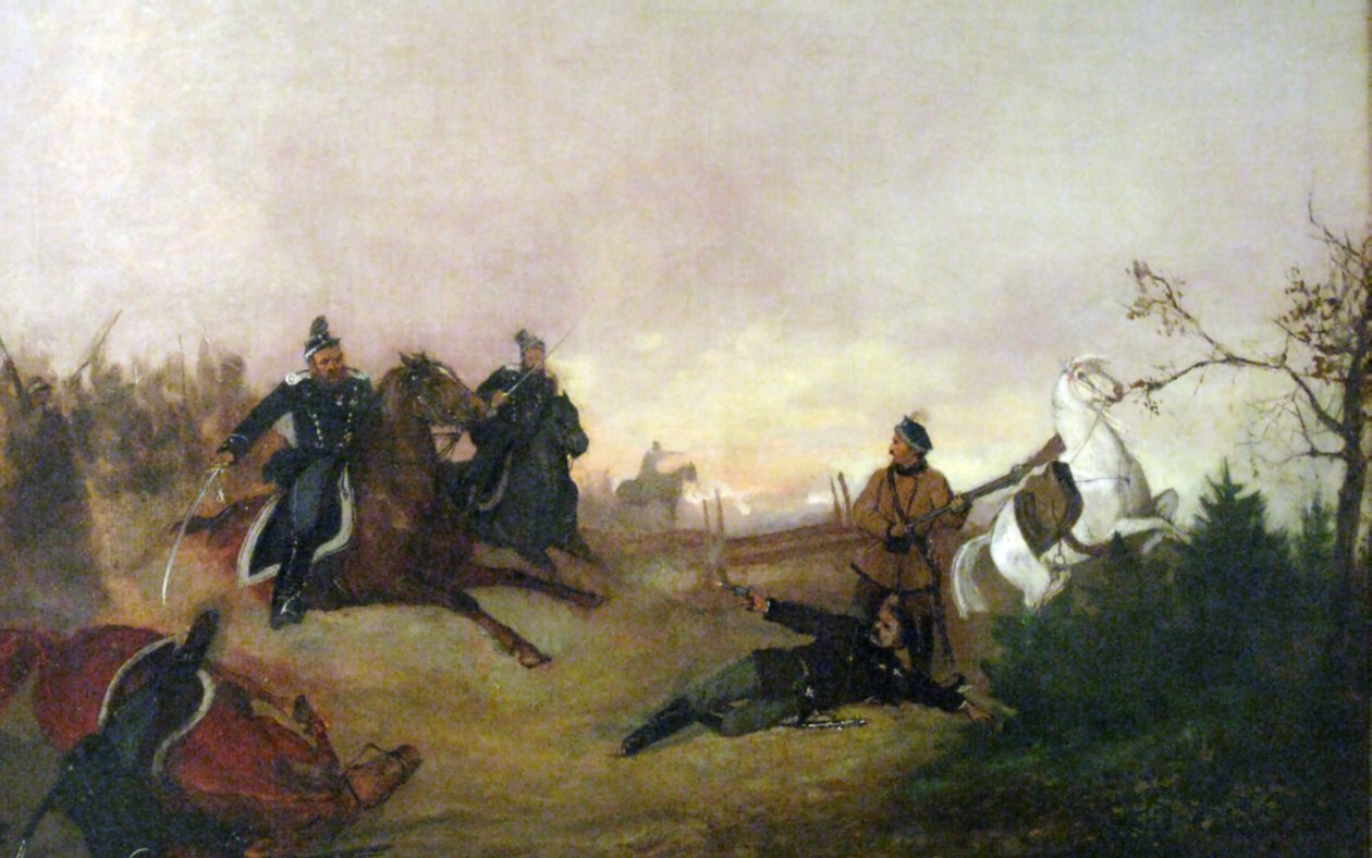 Dionizy Czachowskis død under slaget ved Wierzchowiska i 1863. n Polsk: Dionizy Czachowskis død i slaget ved Wierzchowiska i 1863. av Maksymiljan Antoni Piotrowski
