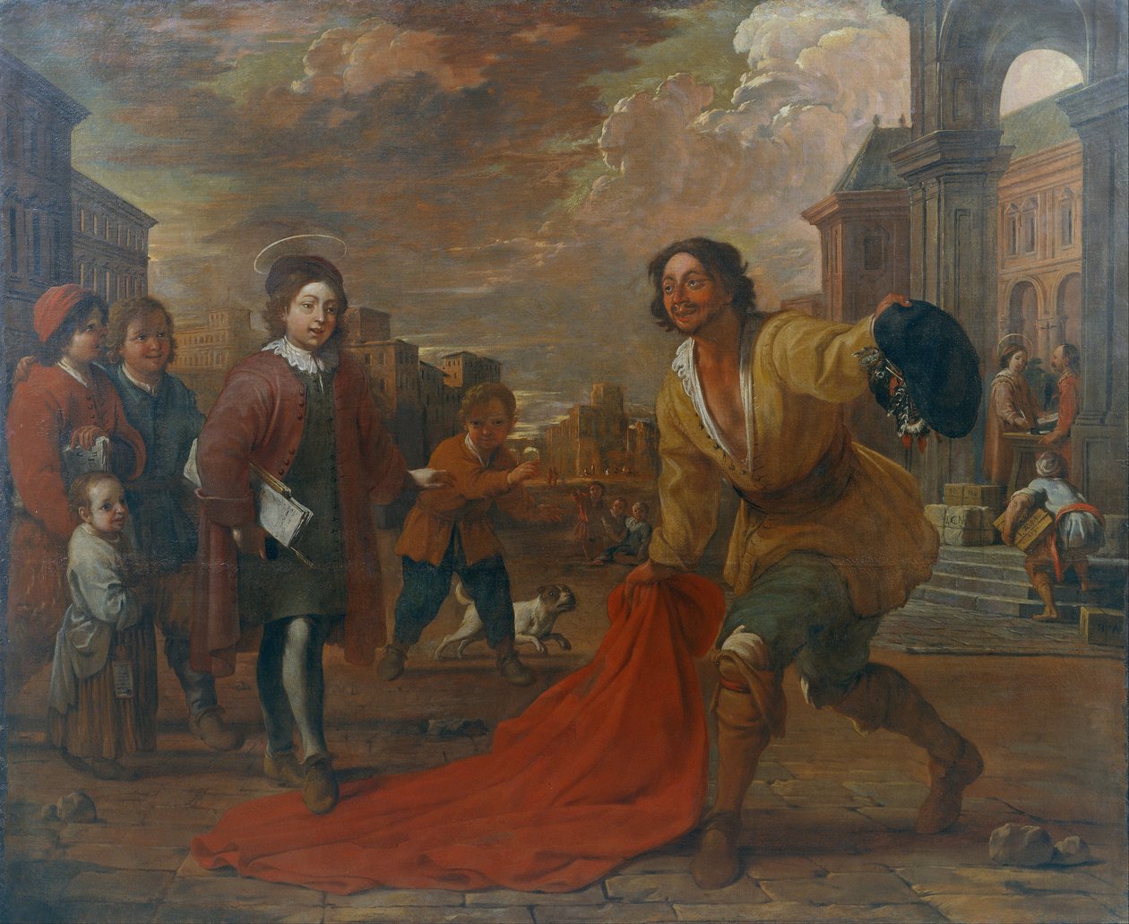 En enkel mann legger kappen ved foten av Saint Francis som barn av Antoni Viladomat Y Manalt