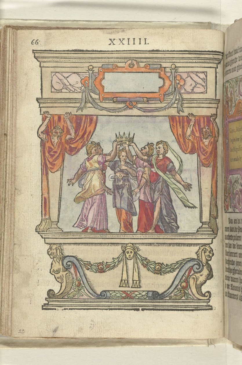 Stadium der personifikasjonene av herlighet, majestet, raushet, storhet og beskjedenhet sammen holder en krone, 1578 av Antoni van Leest