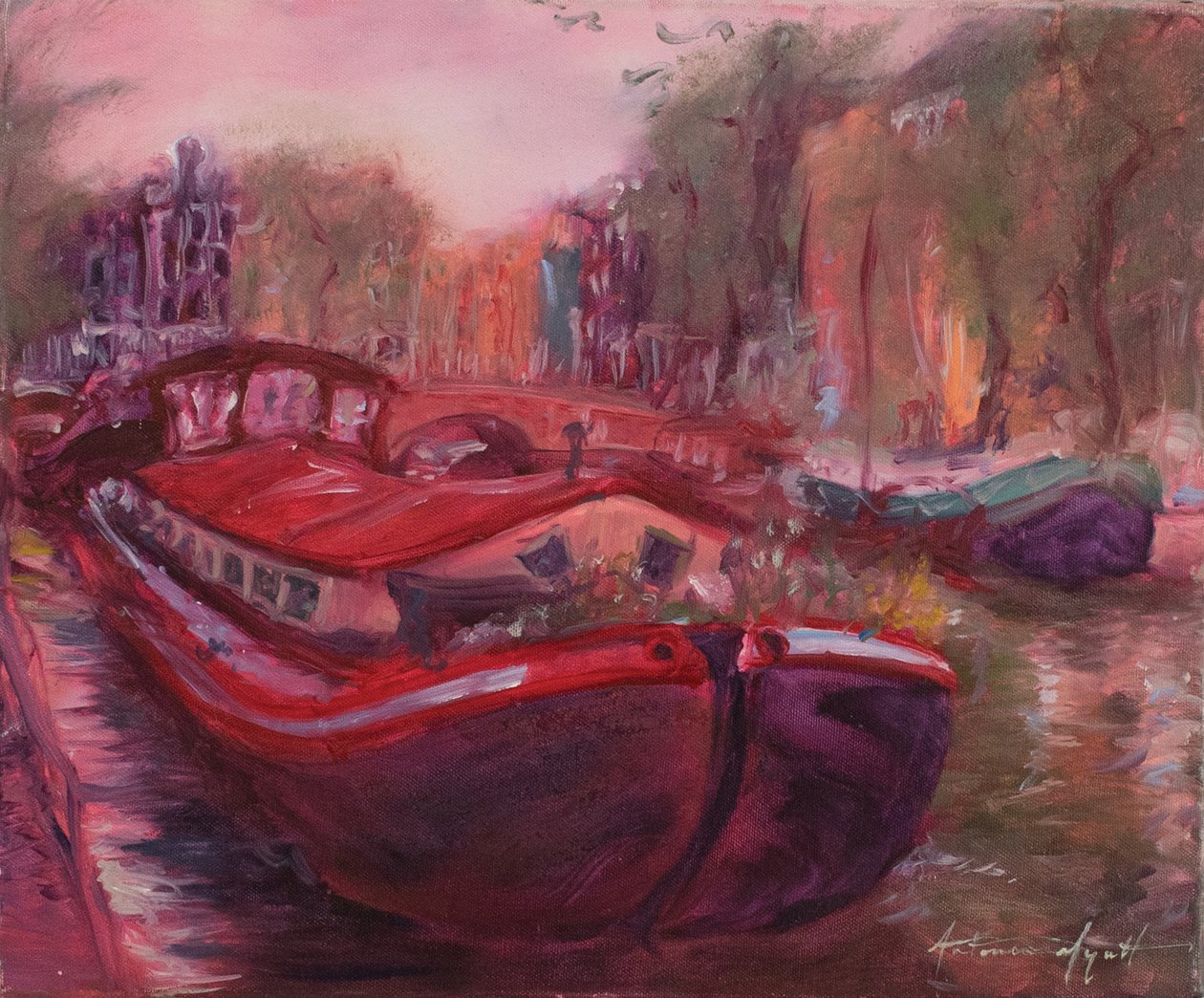 Amsterdam Barge, ca. 2006 (olje på lerret) av Antonia Myatt