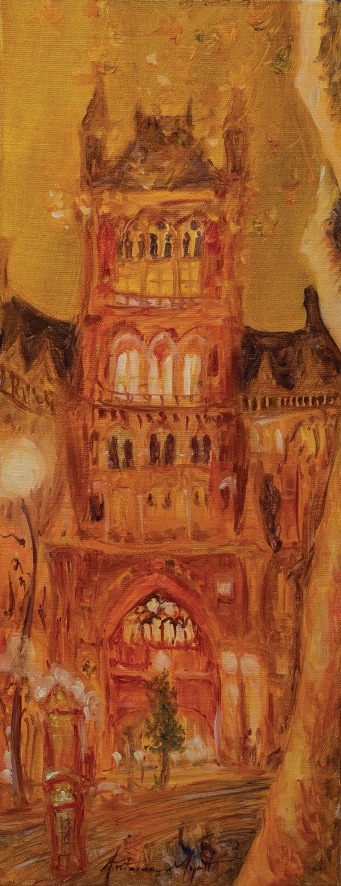 St Pancras Station, 2014 (olje på lerret) av Antonia Myatt