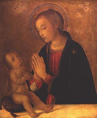 Madonnaen som forguder barnet av Antoniazzo (workshop of) Romano