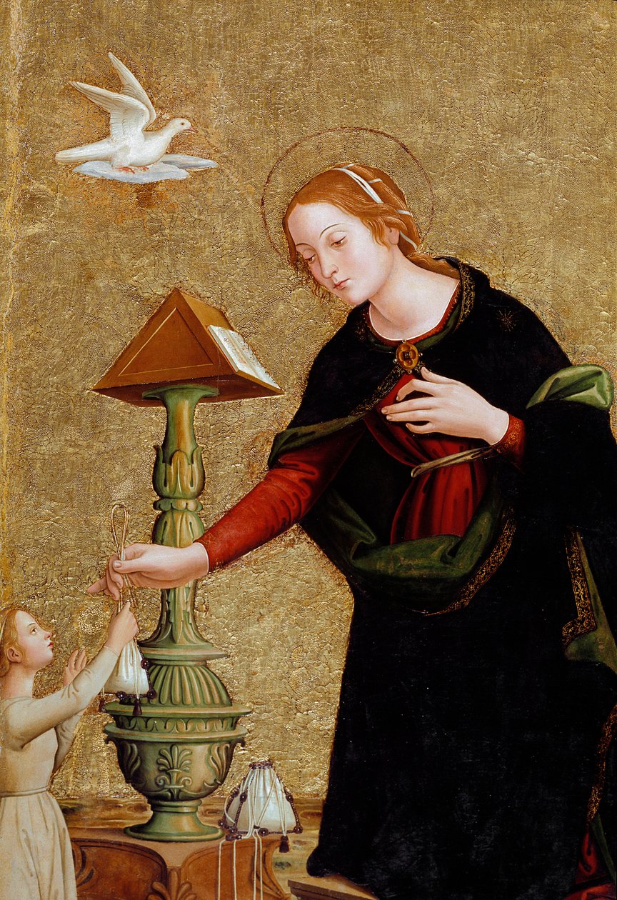 Detalj av jomfruen, fra kunngjøringen med kardinal Juan de Torquemada (maleri, ca. 1460) av Antoniazzo Romano