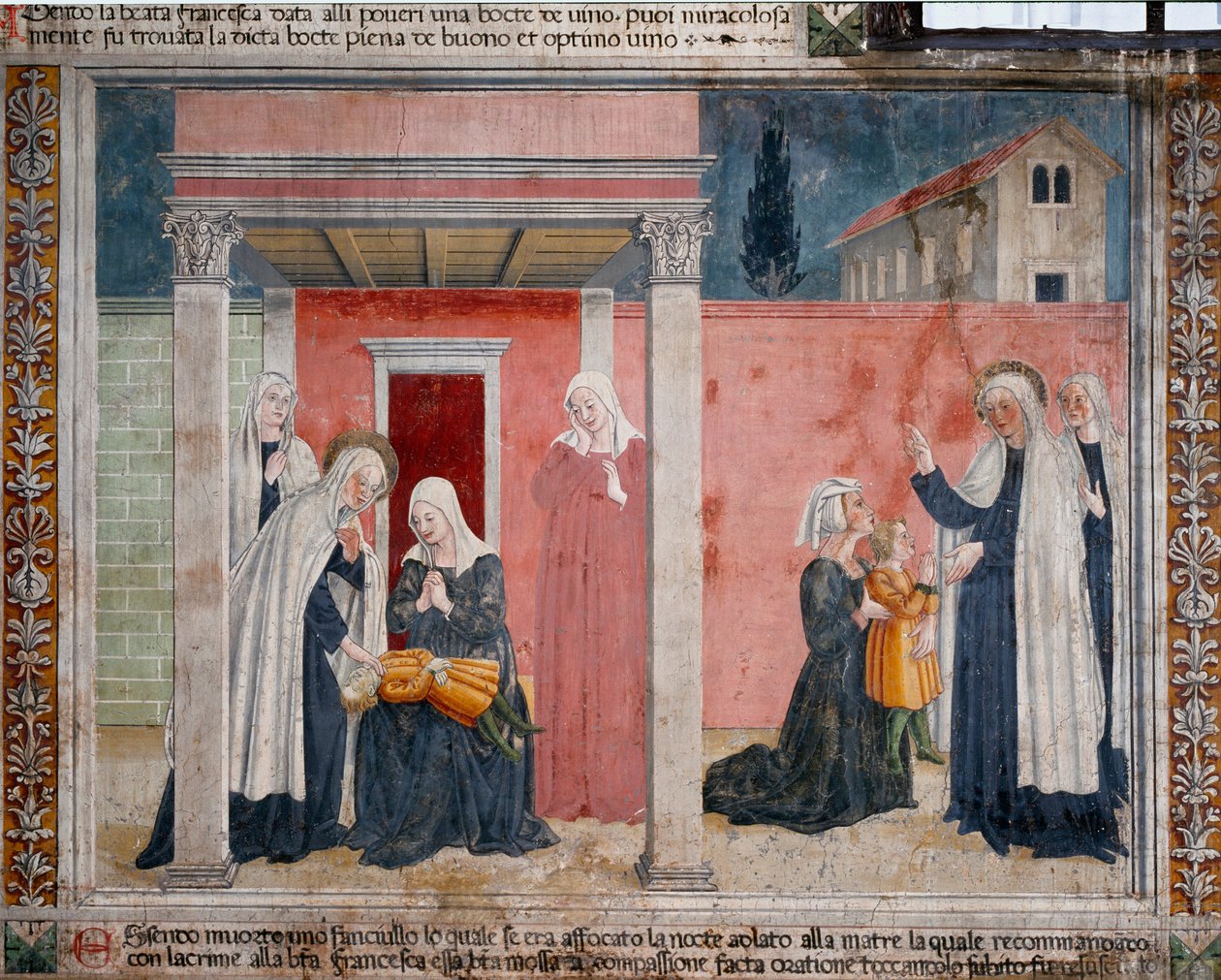 Livet til Saint Francoise Romaine (santa Francesca romana) (1384-1440): "" helgenen reiser et udøpt barn hvis mor ved et uhell hadde blitt kvalt i søvne""" Fresco av Antoniazzo Romano (1400-tallet) 1468 Roma, klosteret i samfunnet av Oblat d av Antoniazzo Romano