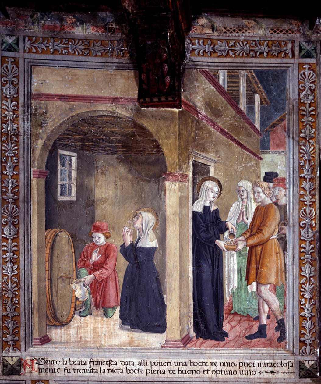 Life of St. Francesca Romana : Et fat vin brukt av helgenen for de fattige blir funnet mirakuløst full (Fresco av Antoniazzo Romano