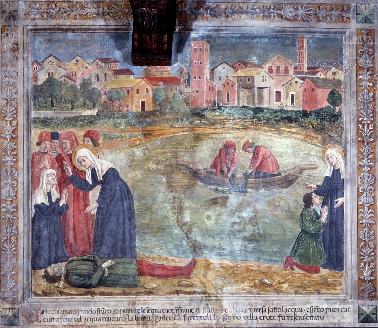 Livet til St. Francesca Romana : En mann blir reist opp av helgenen etter å ha blitt druknet i Tiberen (Fresco av Antoniazzo Romano