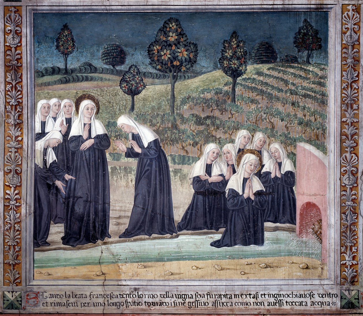 Livet til St. Francesca Romana : Da hun kom tilbake fra St. Pauls basilika, ble helgenen fanget i ekstase, i en bekk, men reiste seg helt tørr (Fresco av Antoniazzo Romano