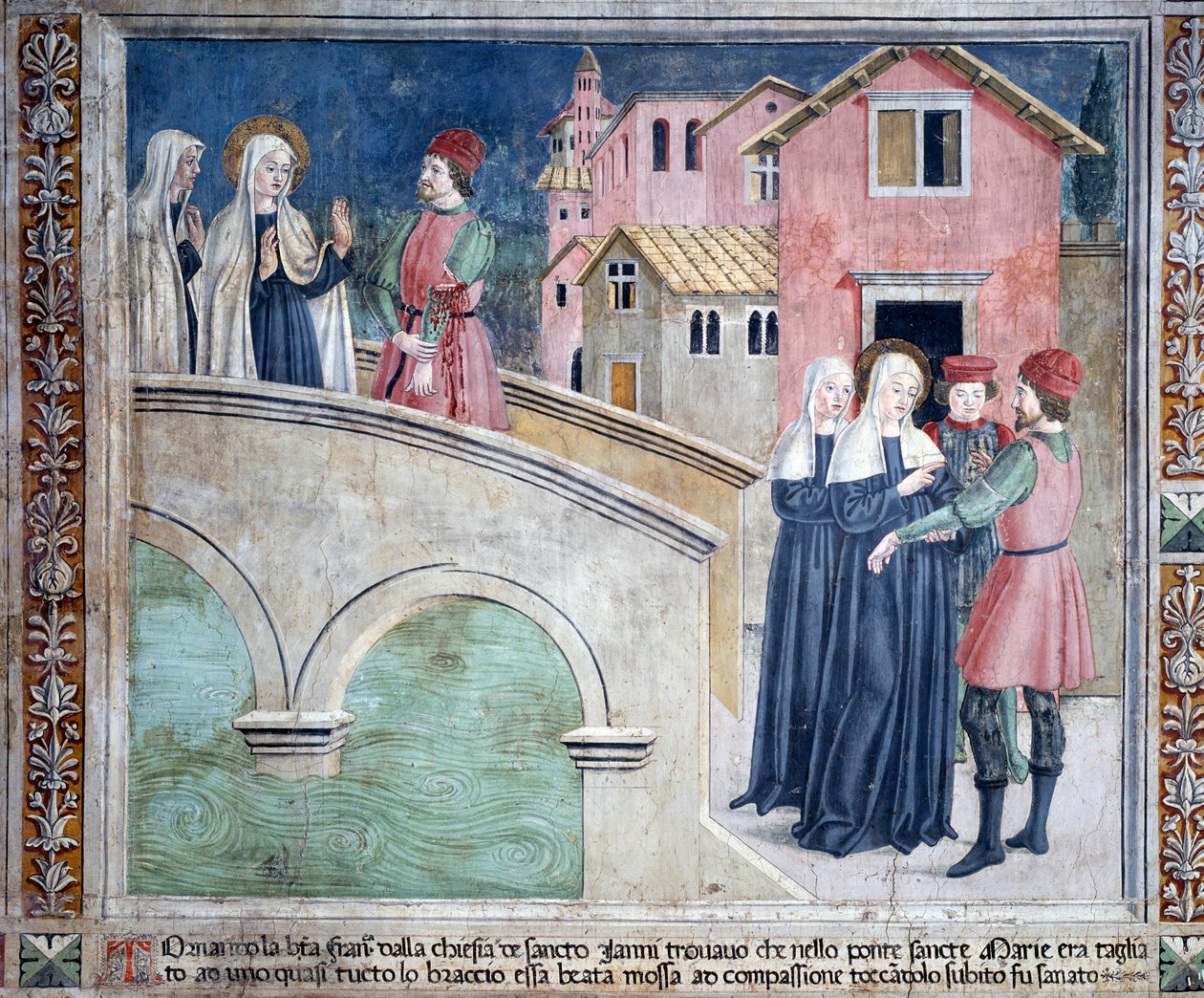 Livet til St Francesca Romana: Da hun returnerte St John Lateran, helbreder helgenen en mann med en avkuttet arm (Fresco av Antoniazzo Romano