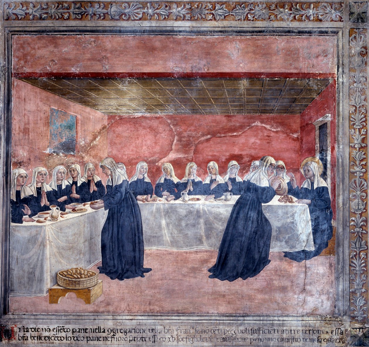 Livet til St. Francesca Romana: En dag var det ikke nok brød til fellesskapet, Francesca tok opp restene, velsignet dem, og det var nok å mate de femten som var igjen (Fresco av Antoniazzo Romano