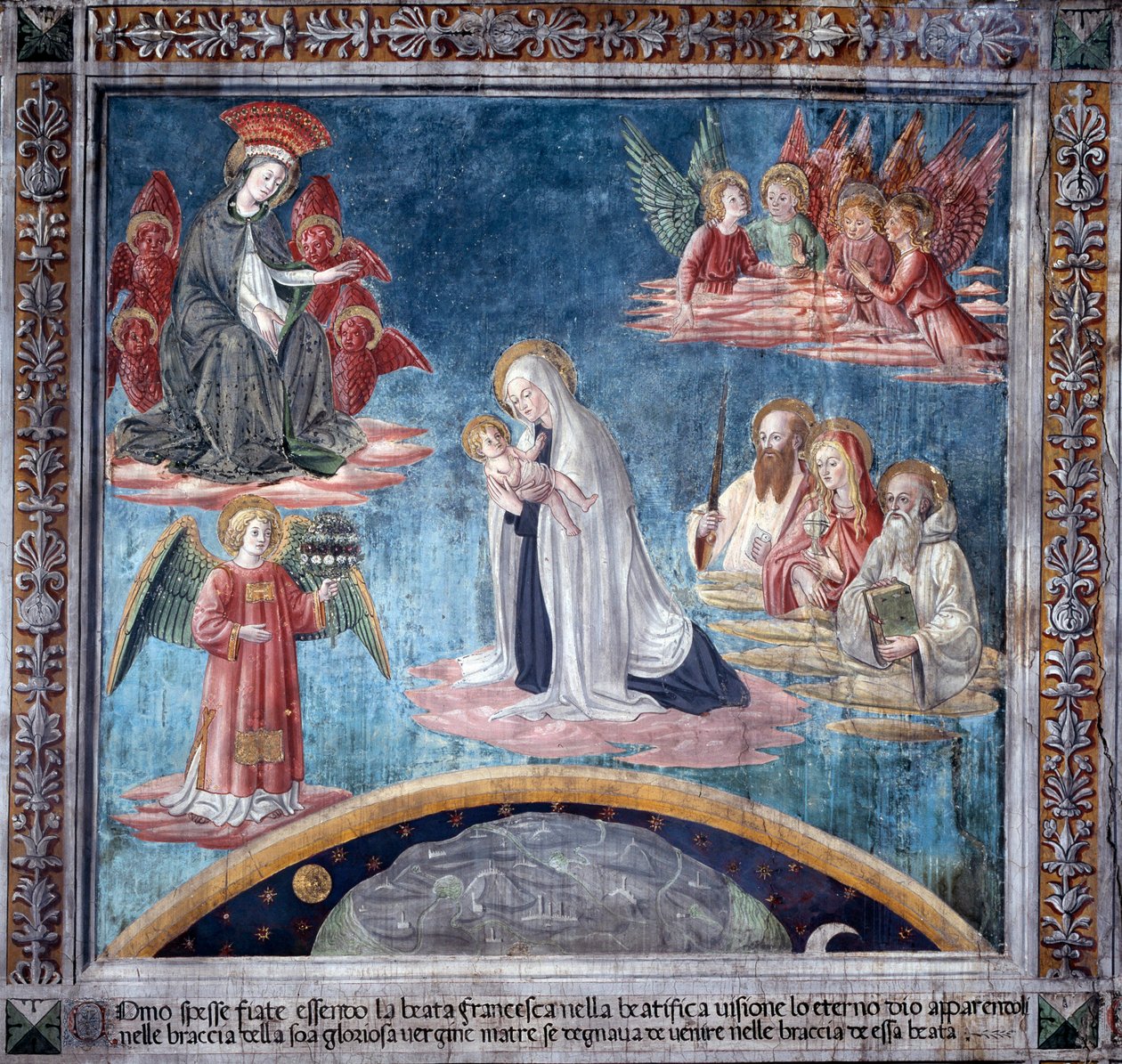 Livet til St. Francesca Romana: Flere ganger i ekstase mottok Francesca det hellige barnet fra Jomfruen (Fresco av Antoniazzo Romano