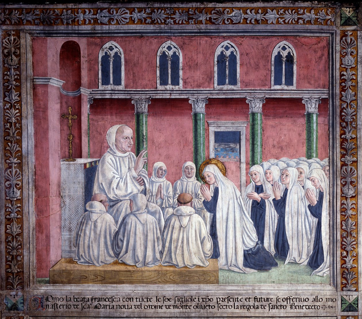 Livet til St. Francesca Romana : Helgenen og oblatene tilbyr seg til benediktinerordenen og slår seg ned i kirken Santa Maria Nova, Roma (Fresco) av Antoniazzo Romano