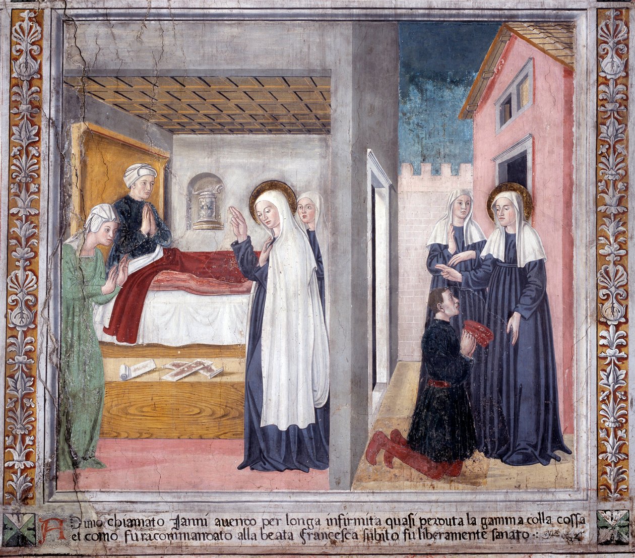 Livet til St. Francesca Romana : Helgenen helbreder en mann som mistet beinet (Fresco av Antoniazzo Romano