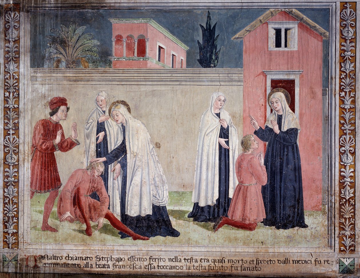 Livet til St Francesca Romana: Helgenen helbreder en mann som er såret i hodet (Fresco av Antoniazzo Romano
