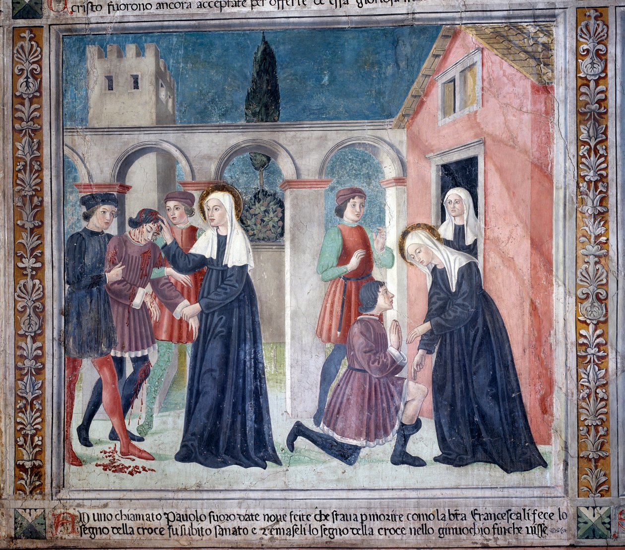 Livet til St. Francesca Romana : Helgenen helbreder en såret mann (Fresco av Antoniazzo Romano