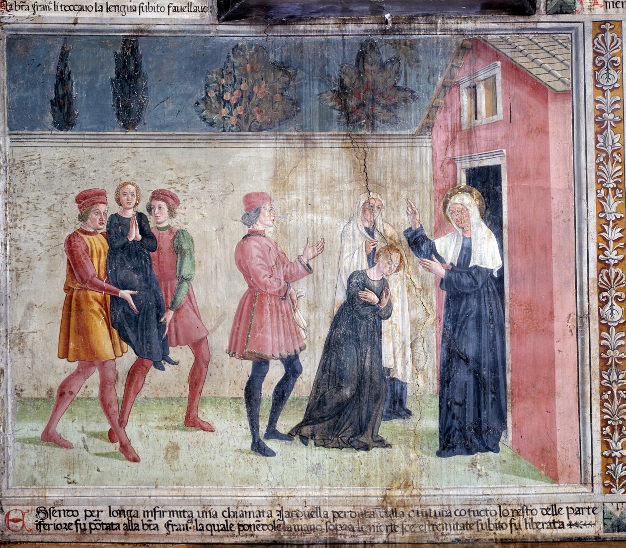Life of St. Francesca Romana : Helgenen møter en lammet kvinne som heter Jacobella og lover å helbrede henne (Fresco av Antoniazzo Romano