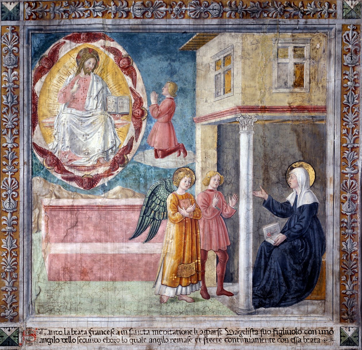 Livet til St. Francesca Romana : Helgenens sønn, drept av byllepesten dukker opp for henne med en engel (Fresco av Antoniazzo Romano