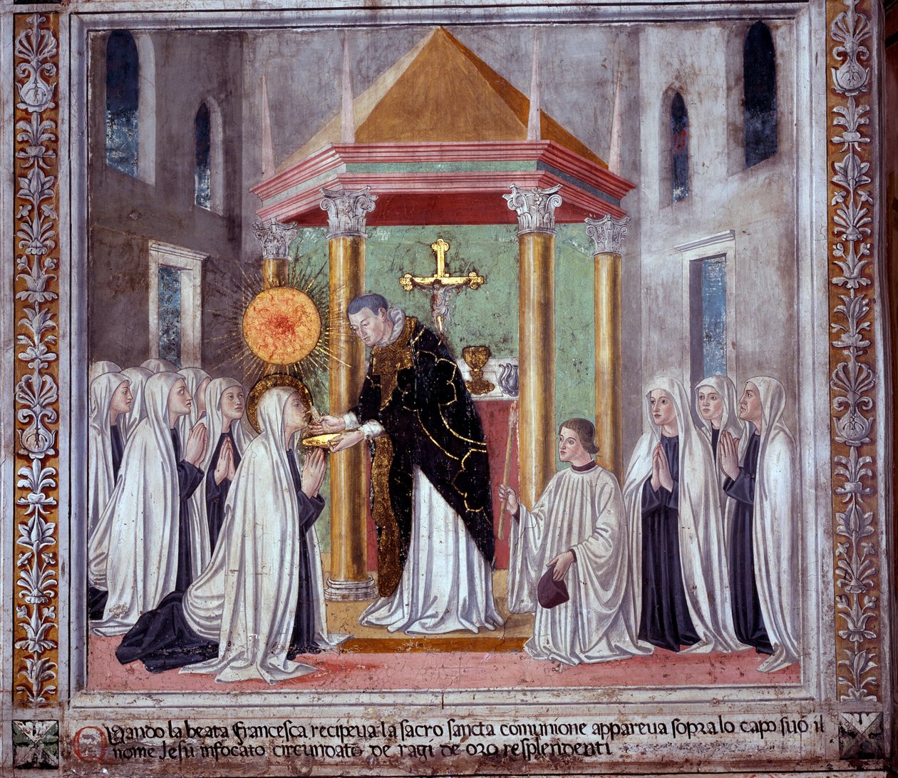 Livet til St. Francesca Romana: Da helgenen mottok nattverden, dukket det opp en lysende kule over henne (Fresco av Antoniazzo Romano