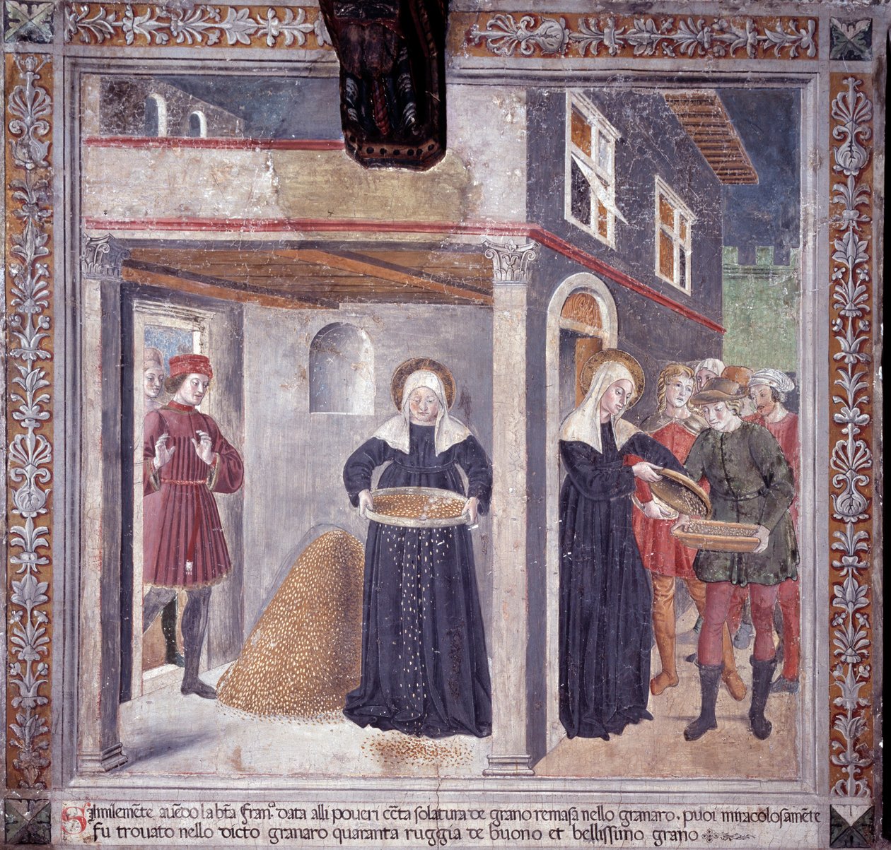Livet til St. Francesca Romana : under en alvorlig hungersnød i 1402, gir Francesca alt sitt korn til de fattige (Fresco av Antoniazzo Romano
