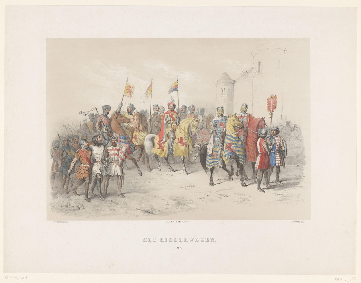 Utrecht Masquerade of 1851: Knighthood, 1217 The Knighthood, 1217 (tittel på objekt) Den nasjonale historien. fra de tidligste tider til slutten av 1600-tallet, i åtte scener, presentert i kostyme av H.H. Studenter ved Utrechtsche Hoo av Antonie Johannes Groeneveldt