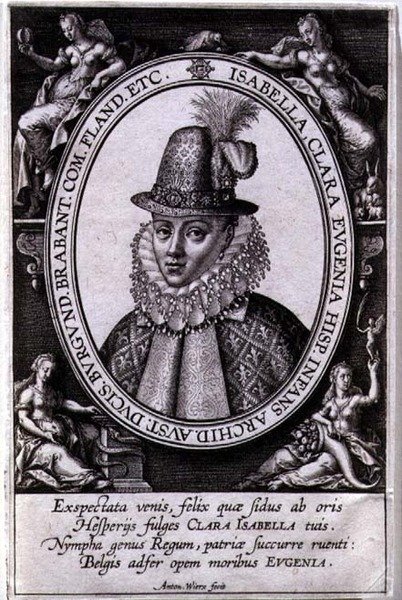 Portrett av Isabella Clara Eugenia av Østerrike (1566-1633) kone til Albert, erkehertug av Østerrike (1559-1621) (gravering) av Antonie Wierix