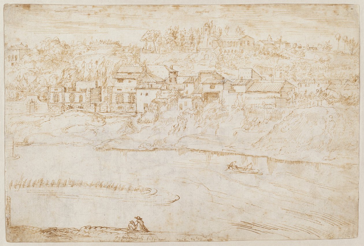 Utsikt over Janiculum Hill sett fra Tiberen (recto) av Antonie van den Wyngaerde