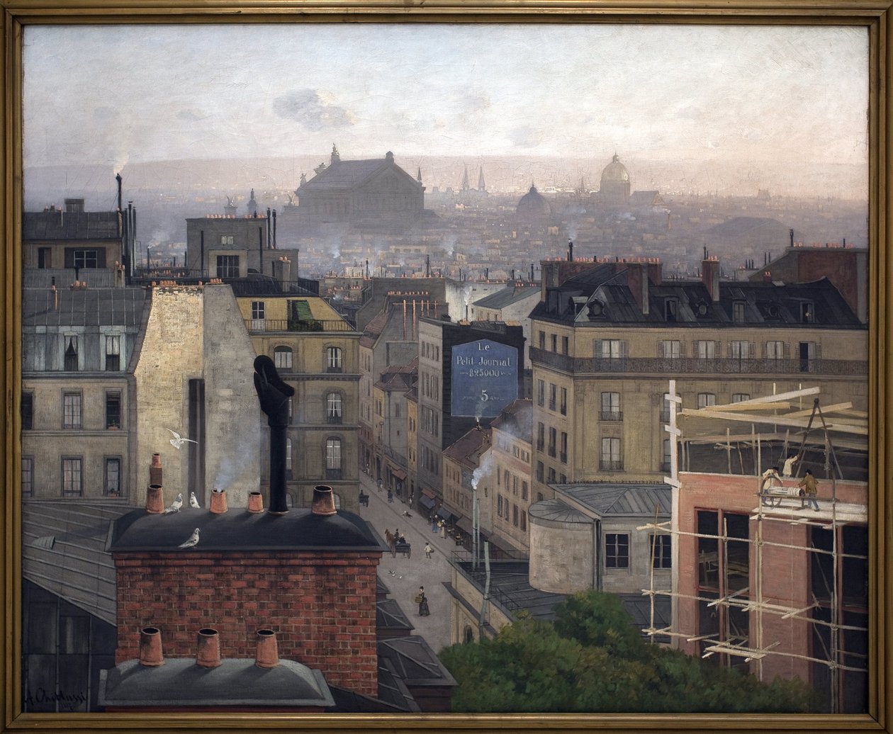 Paris sett fra Montmartre. På veggen til en av bygningene, en annonse for «Den lille avisen». Maleri av Antonin Chitussi (Chittussi) (1847-1891), olje på lerret av Antonin Chittussi