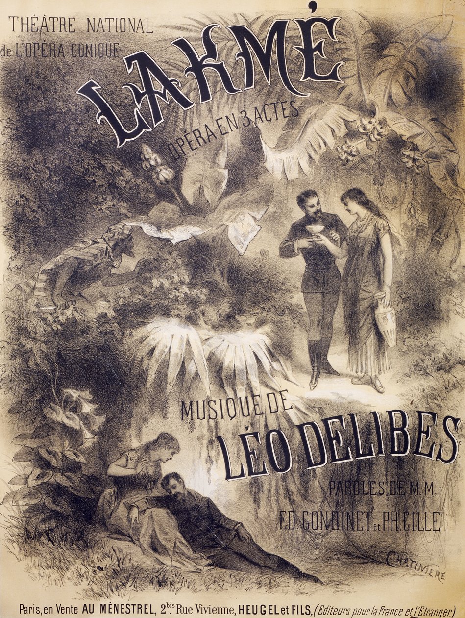 Plakat for Lakme', opera med libretto av Edmond Gondinet og Philippe Gille, musikk av Leo Delibes, Theatre National de l'Opera-Comique, Paris, utgitt av Heugel and Sons, Paris av Antonin Marie Chatiniere