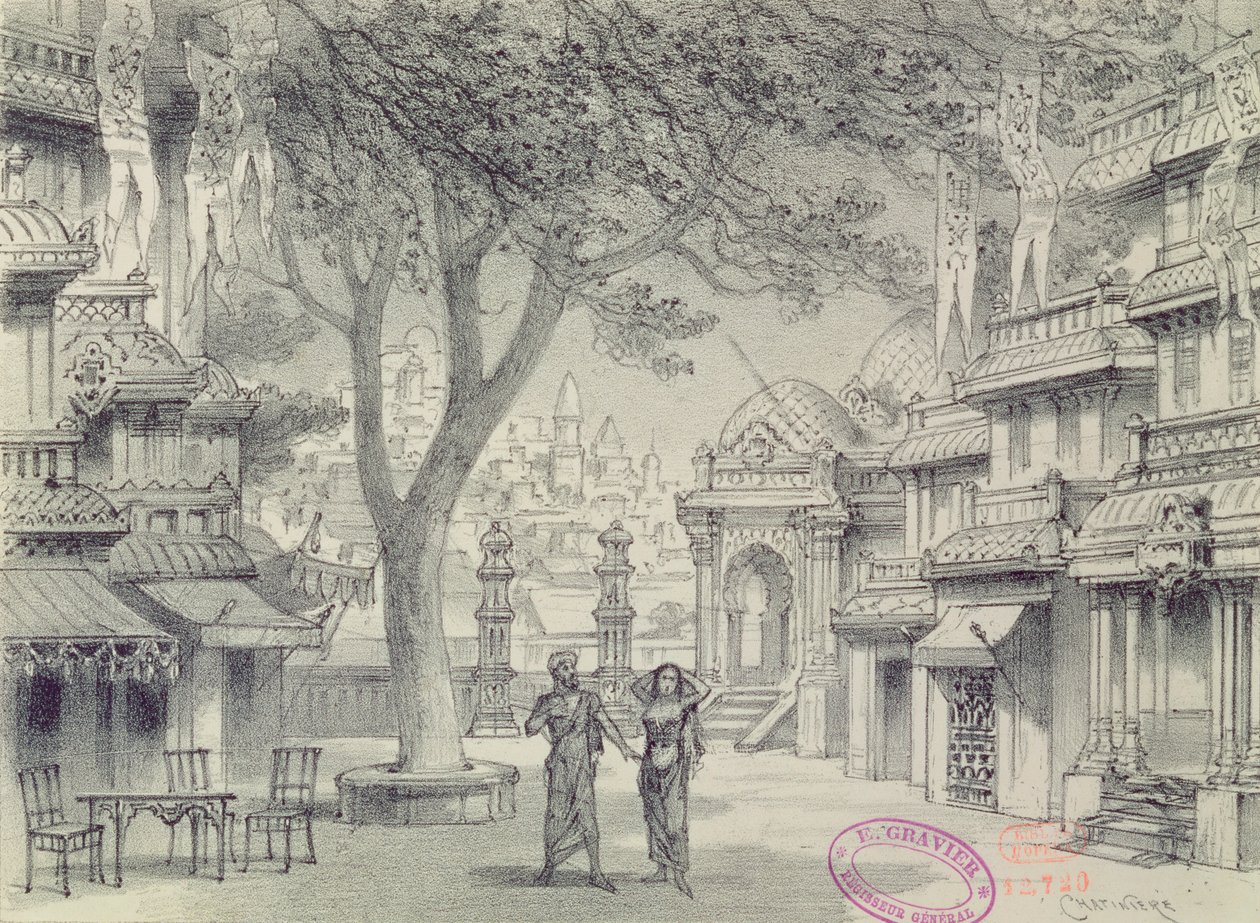 Scenografi for akt II av operaen Lakme, av Leo Delibes (1836–91) av Antonin Marie Chatiniere