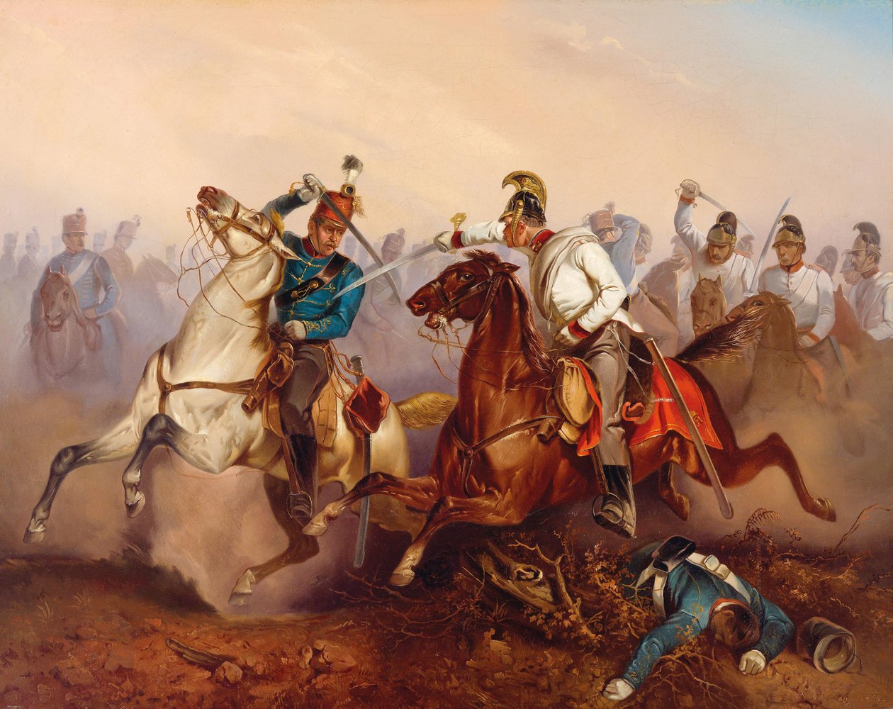 Kamp mellom keiserlige østerrikske dragoner og ungarske Honvéd-husarer … Ungarn i 1849, 1854. av Antonin Zimmer