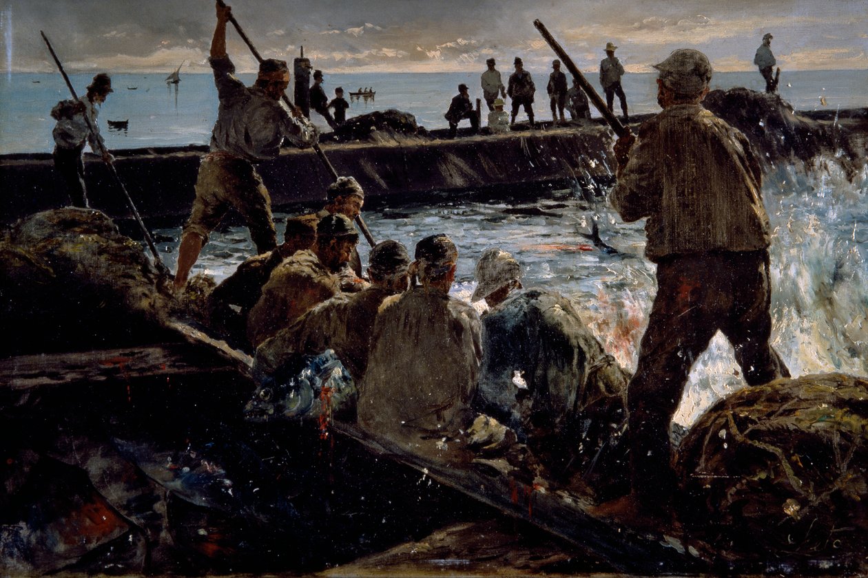 Slakting av tunfisk, maleri av Antonino Leto (1844-1913), olje på lerret, 41x62 cm av Antonino Leto