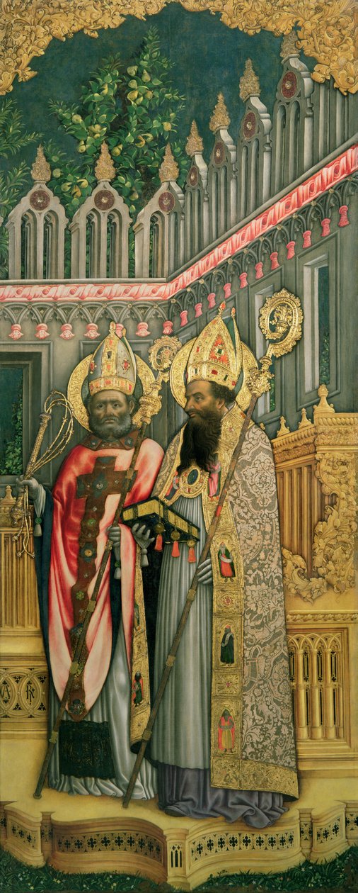 St. Ambrose og St. Augustine, høyre panel fra The Virgin Enthroned with Saints Jerome, Gregory, Ambrose and Augustine, 1446 (etter restaurering) (se 160893-99) av Antonio Vivarini