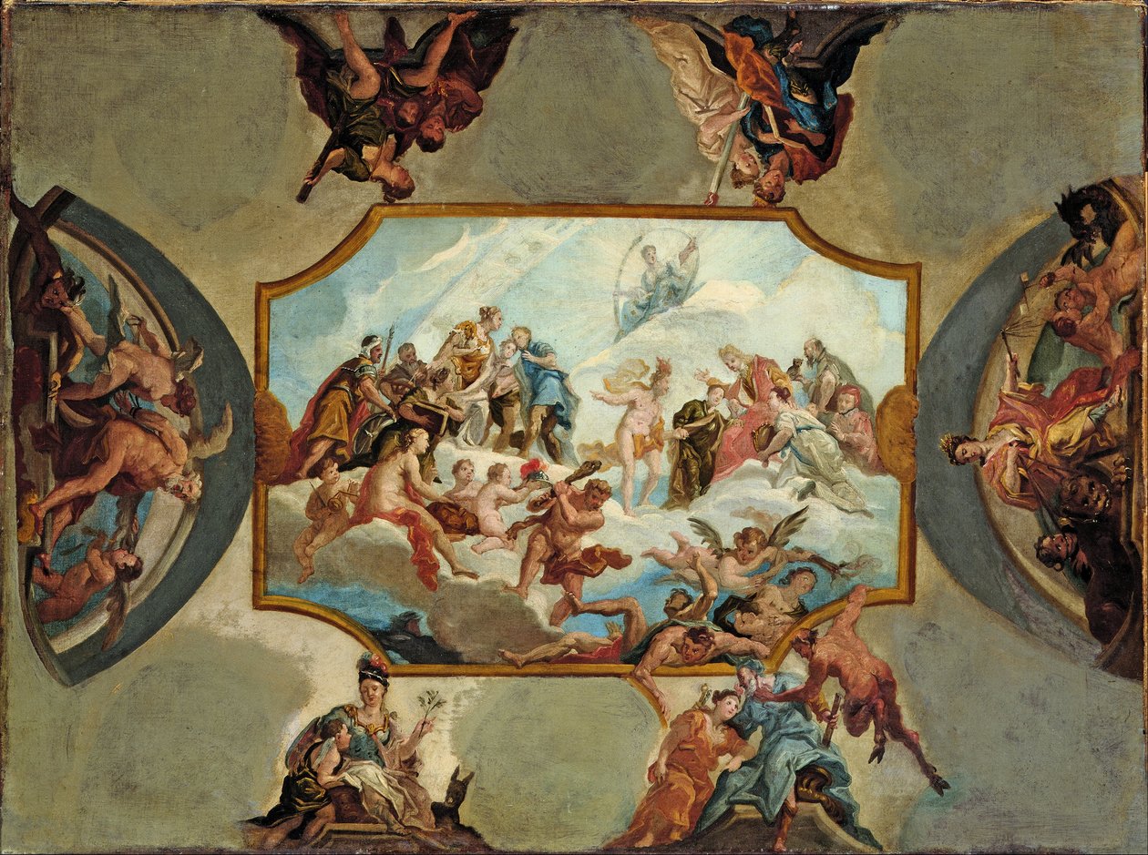 Ærbødighet til kurfyrsten Johann Wilhelm von der Pfalz Design for et takmaleri for Bensberg slott av Antonio Bellucci
