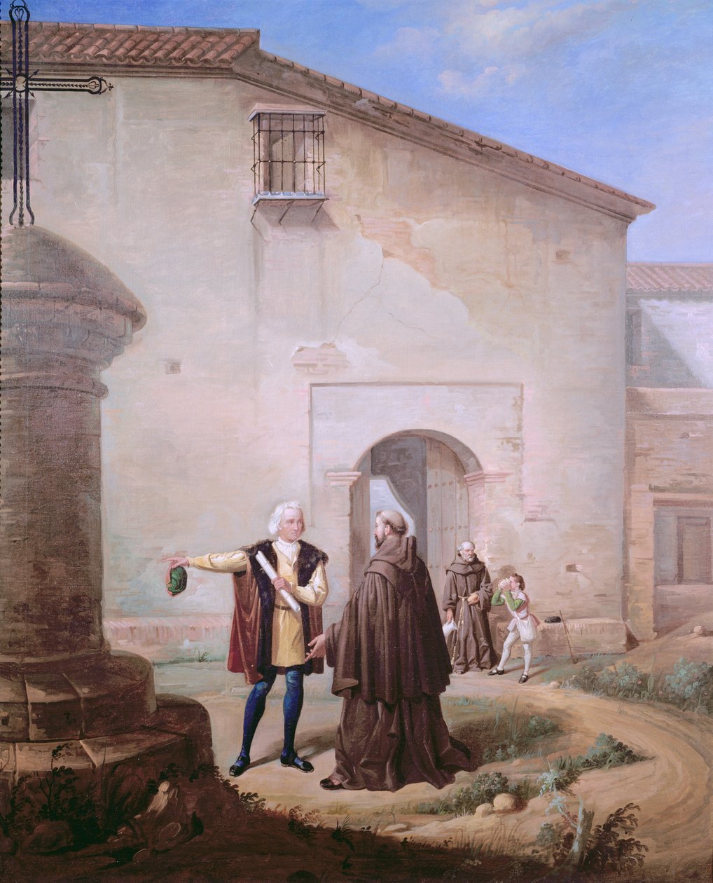 Fransiskanerbrødrene fra Convento of Santa Maria de la Rabida gir brød og vann til Christopher Columbus og hans sønn Diego,, 1858 av Antonio Cabral Bejarano