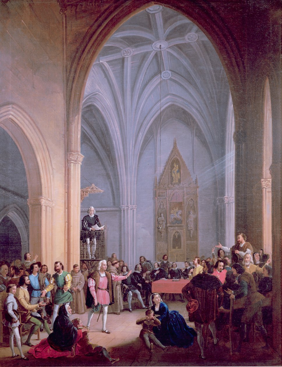 Brevet fra de katolske konger som beordrer innbyggerne i Palos å levere to skip til Christopher Columbus, leses fra prekestolen til S. Jorge-kirken 23. mai 1492 av Antonio Cabral Bejarano