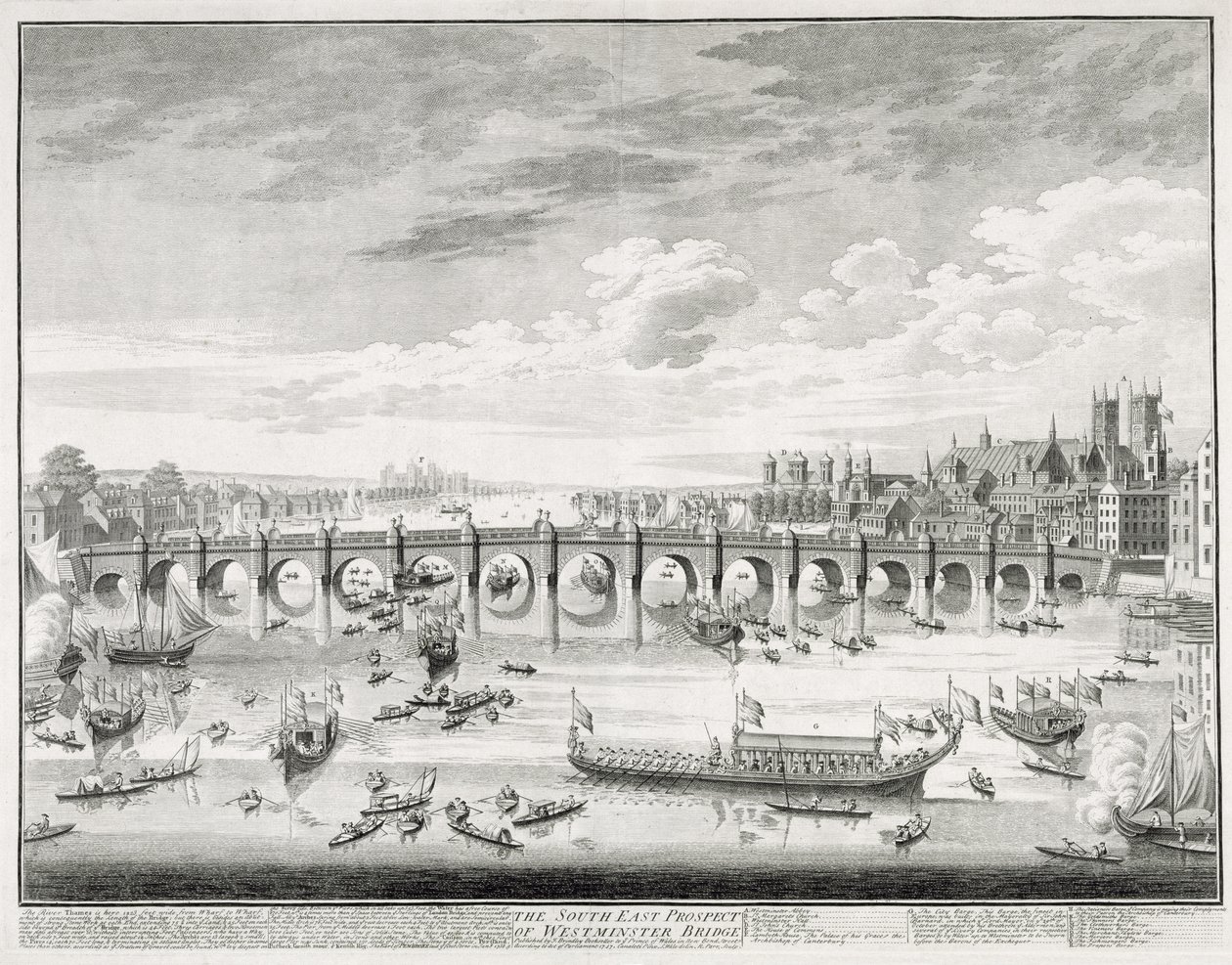 The South East Prospect of Westminster Bridge - Båter som ankommer parlamentet for å sverge inn av Sir John Barnard (1685-1764) som Lord Mayor of City of London, 1747, gravert av R. Parr (1723-s. av Giovanni Antonio Canal