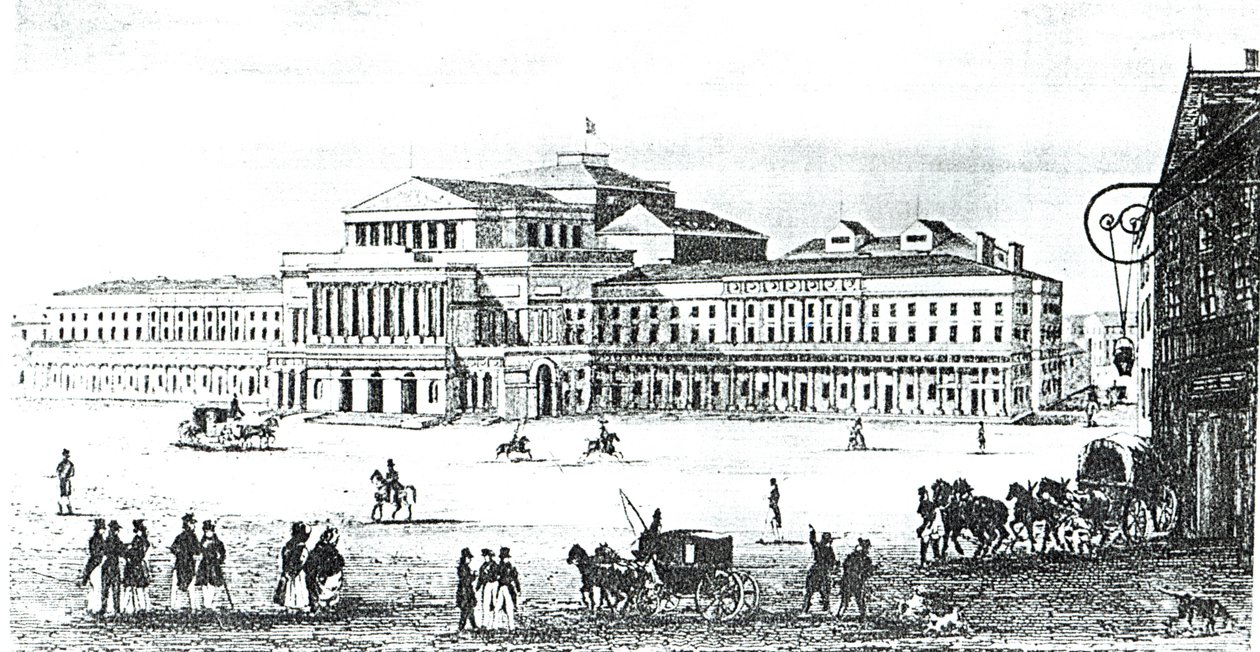 Utsikt over Grand Theatre, Warszawa, gravert av Adam Pilinski (1810-87) av Antonio Corazzi