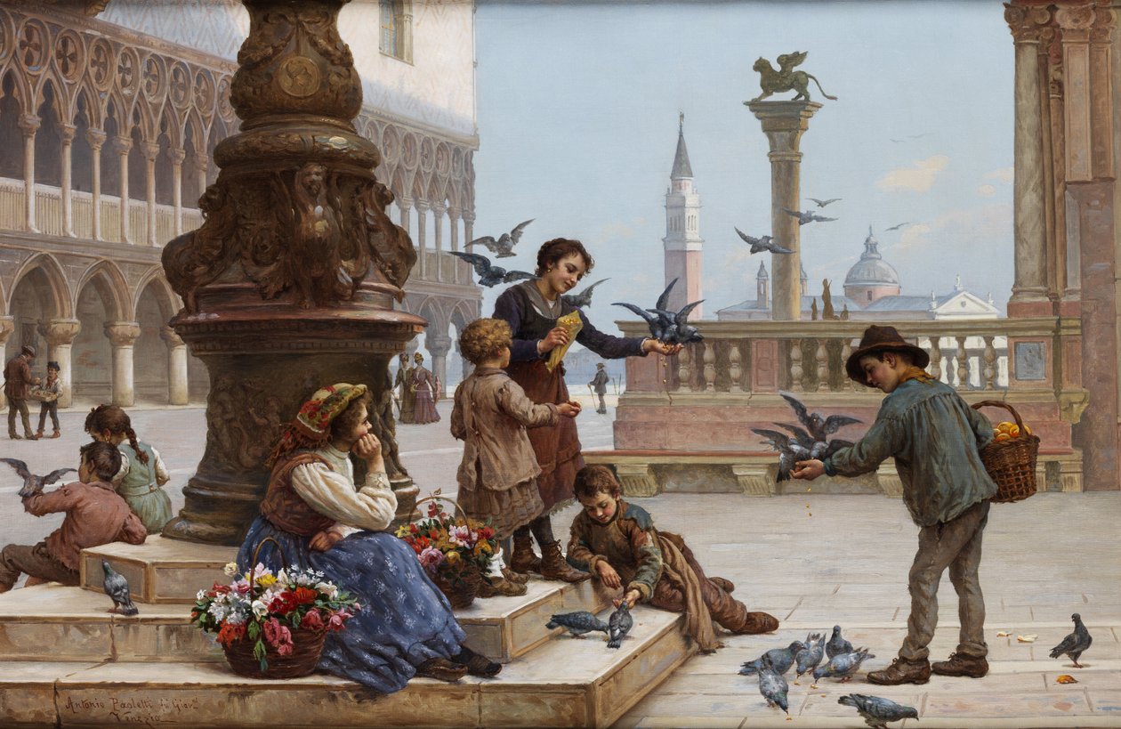 Barn som mater duer i Venezia av Antonio Ermolao Paoletti
