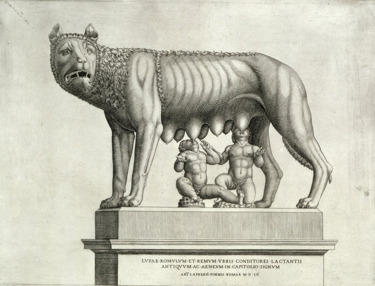 Tegning av den etruskiske bronsen av ulven som dier Romulus og Remus, 500-tallet f.Kr., i Capitoline Museum, 1552 av Antonio Lafreri