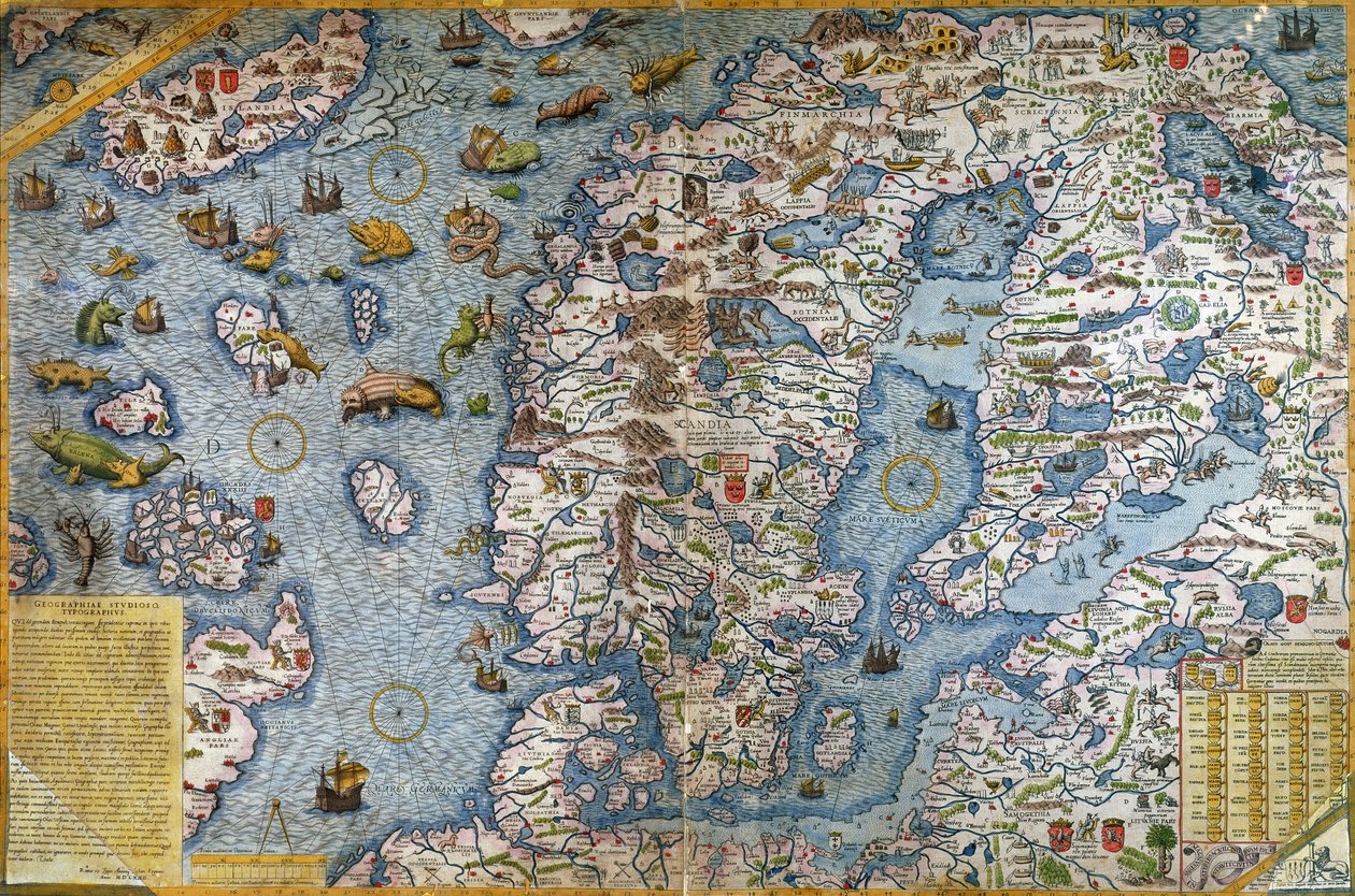 Skandinavia, detalj fra Carta Marina da Olaus Magnus, 1572 av Antonio Lafreri
