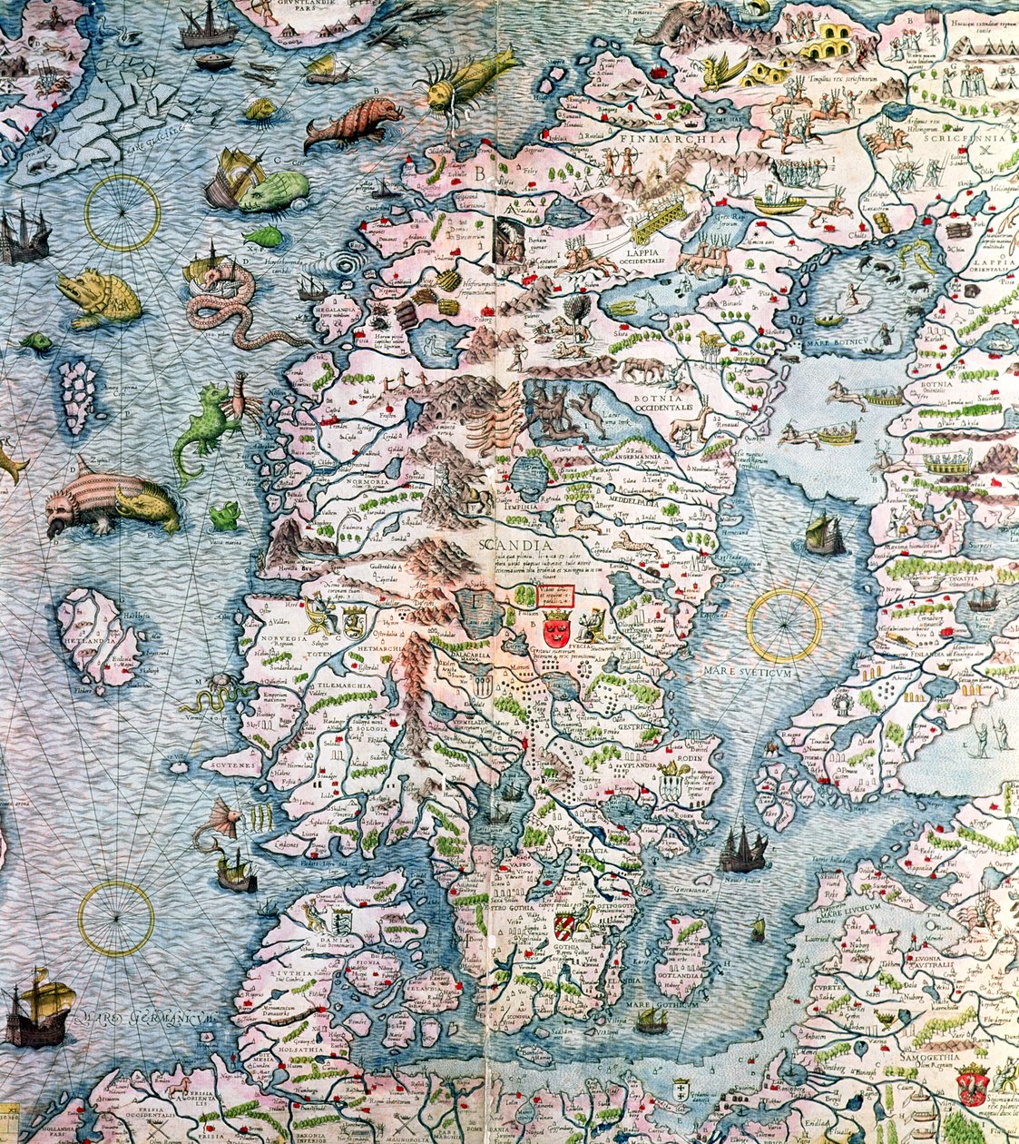Skandinavia, detalj fra Carta Marina da Olaus Magnus, 1572 av Antonio Lafreri