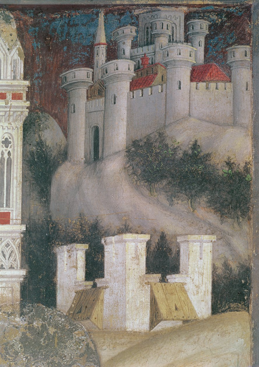 Detalj av arkitekturen til høyre for St. George and the Princess of Trebizond, ca. 1433-38 (detalj av 60797) av Antonio Pisanello