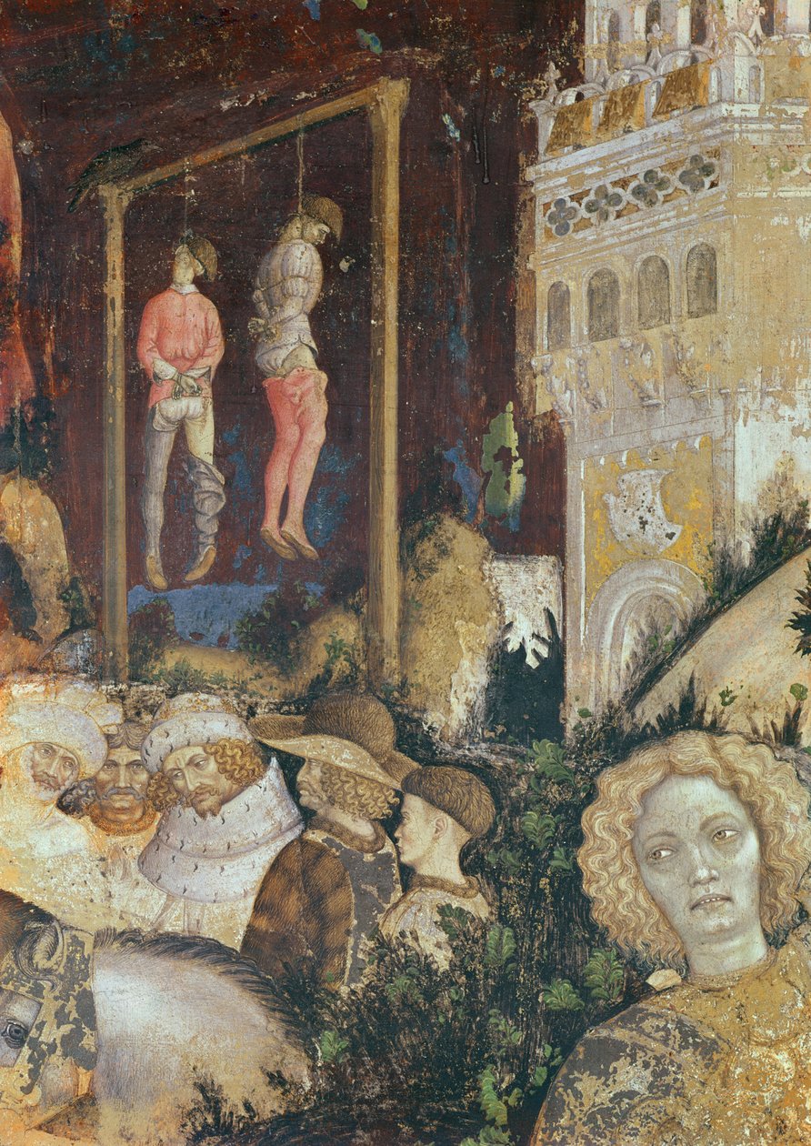 Detalj av galgen til venstre for St. George and the Princess of Trebizond, ca. 1433-38 (detalj av 60797) av Antonio Pisanello