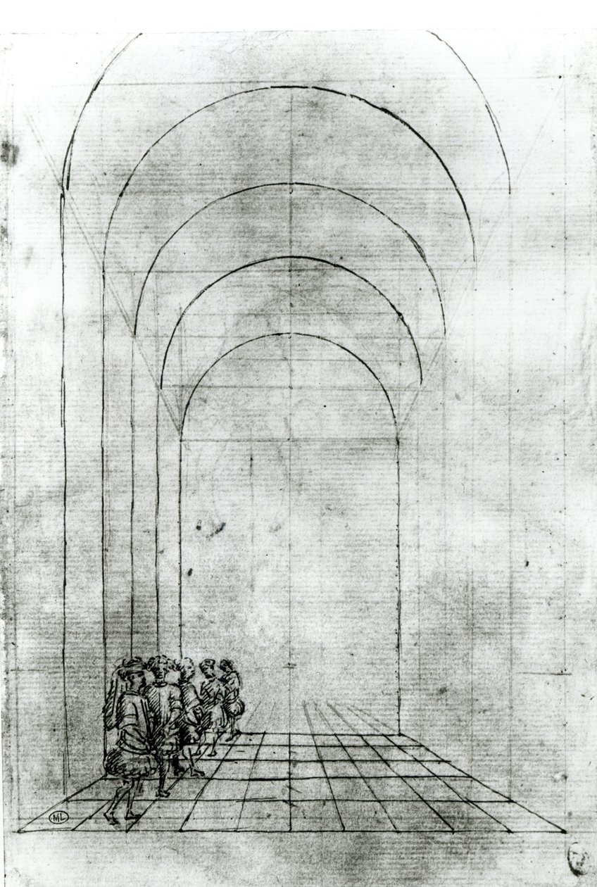 Mennesker under en bue (svart og hvitt fototrykk) av Antonio Pisanello