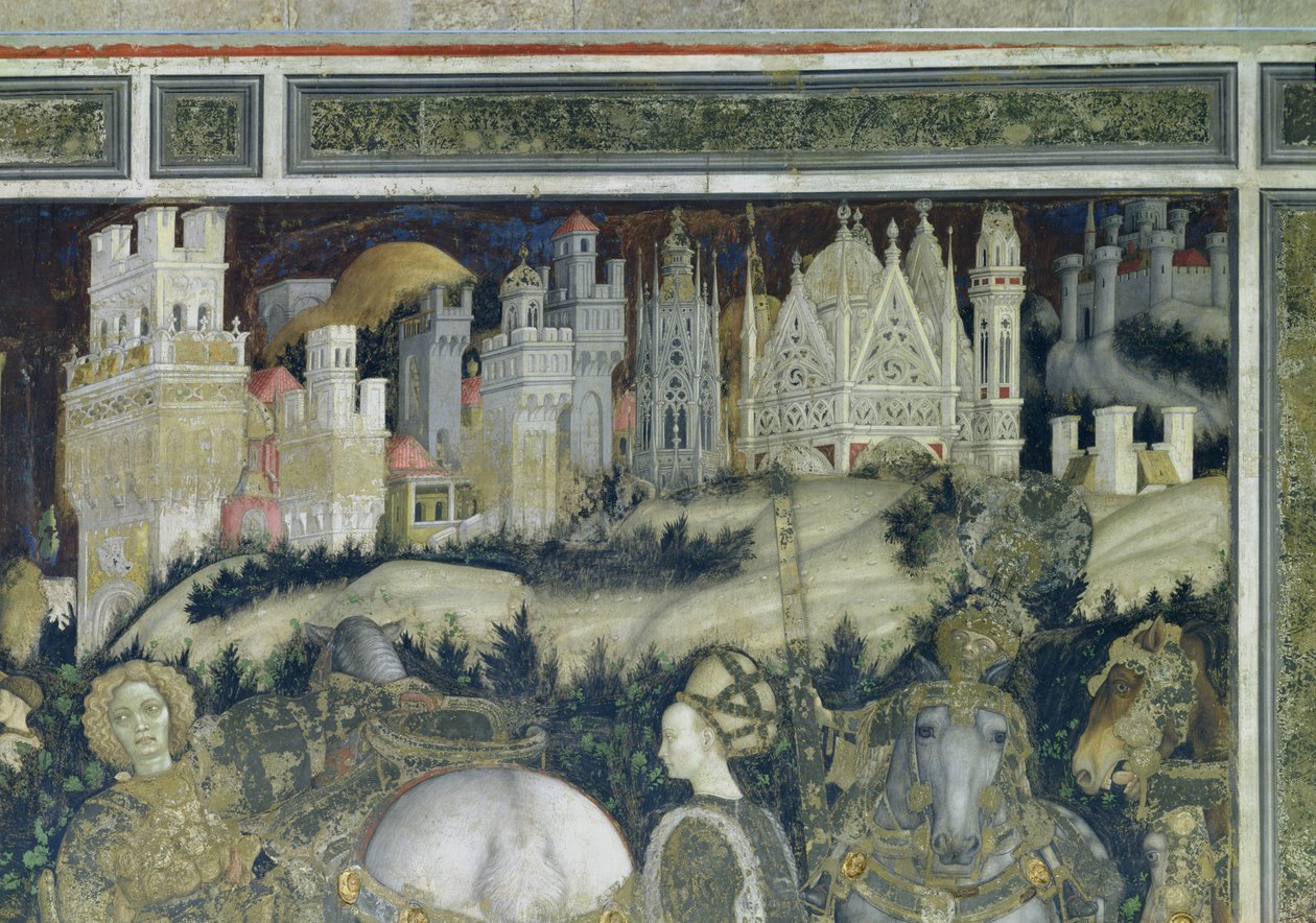 St. George og prinsessen av Trebizond, detalj av byen i bakgrunnen, ca. 1433-38 av Antonio Pisanello