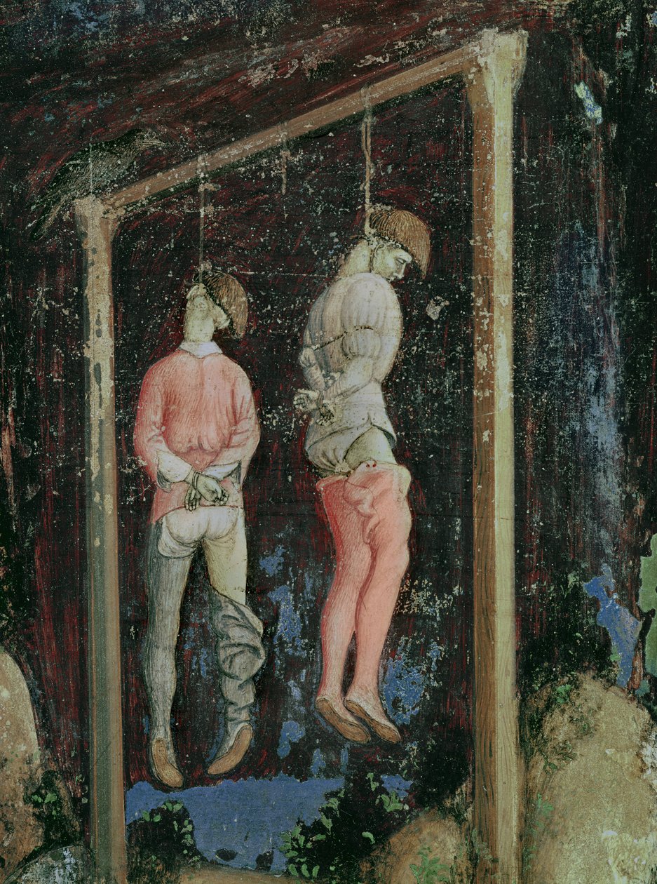 St. George and the Princess of Trebizond, detalj av to hengende menn fra venstre side, ca. 1433-38 av Antonio Pisanello