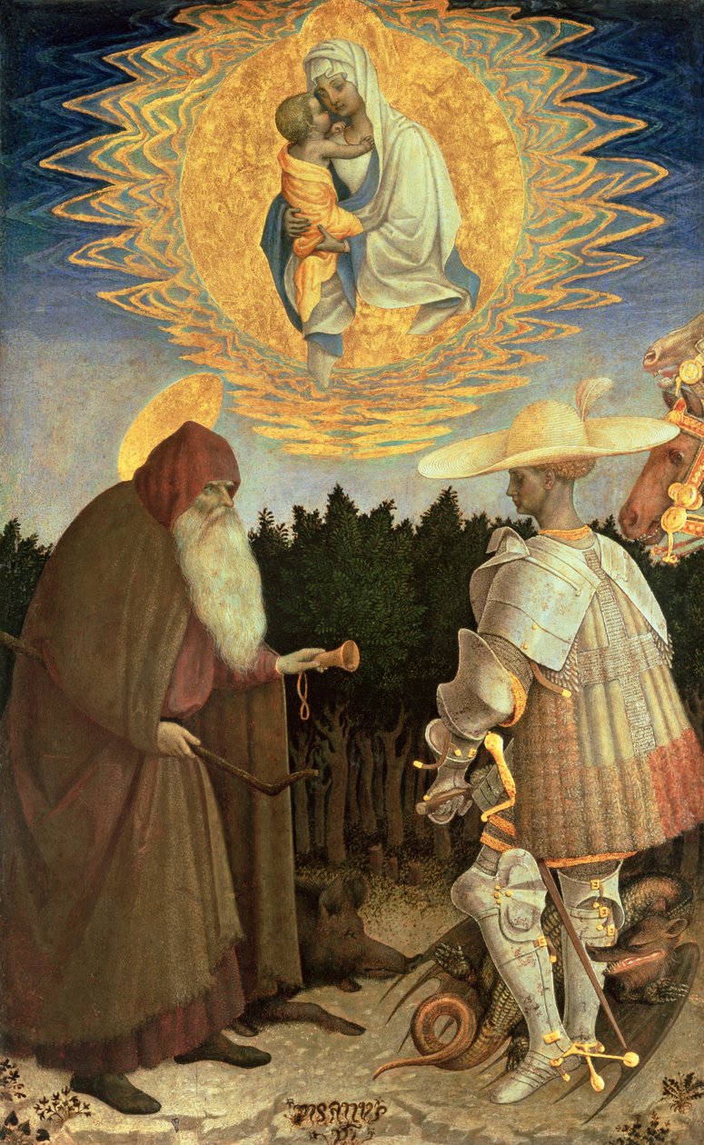 Jomfruen og barnet med St. George og St. Anthony the Abbed (eggtempera på poppel) av Antonio Pisanello