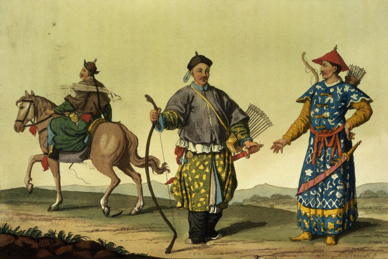 Mongolian Eight Flags-soldater fra Chings militære styrker, gravert av A. Rancati (fargegravering) av Antonio Rancati