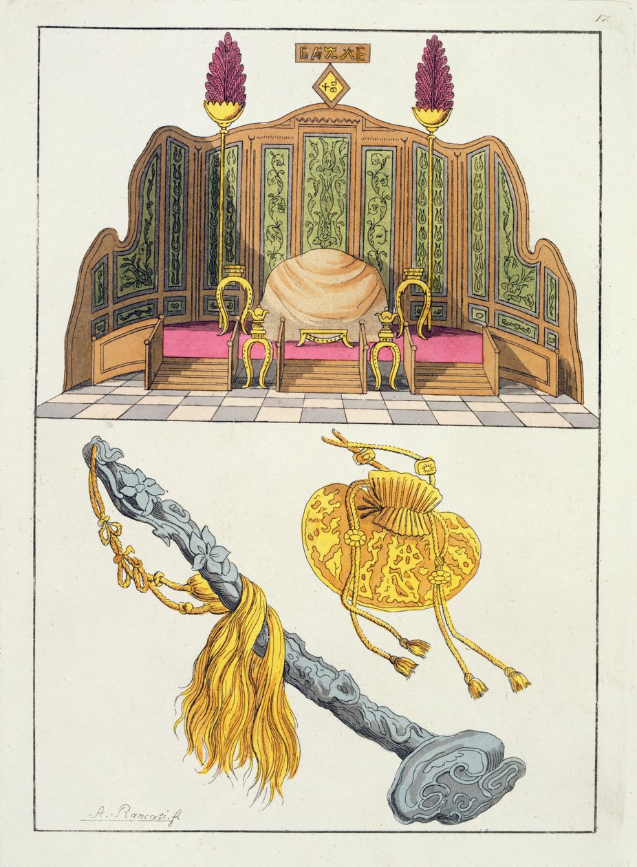 En kinesisk keisers trone, jojo-septer og caps, illustrasjon fra 